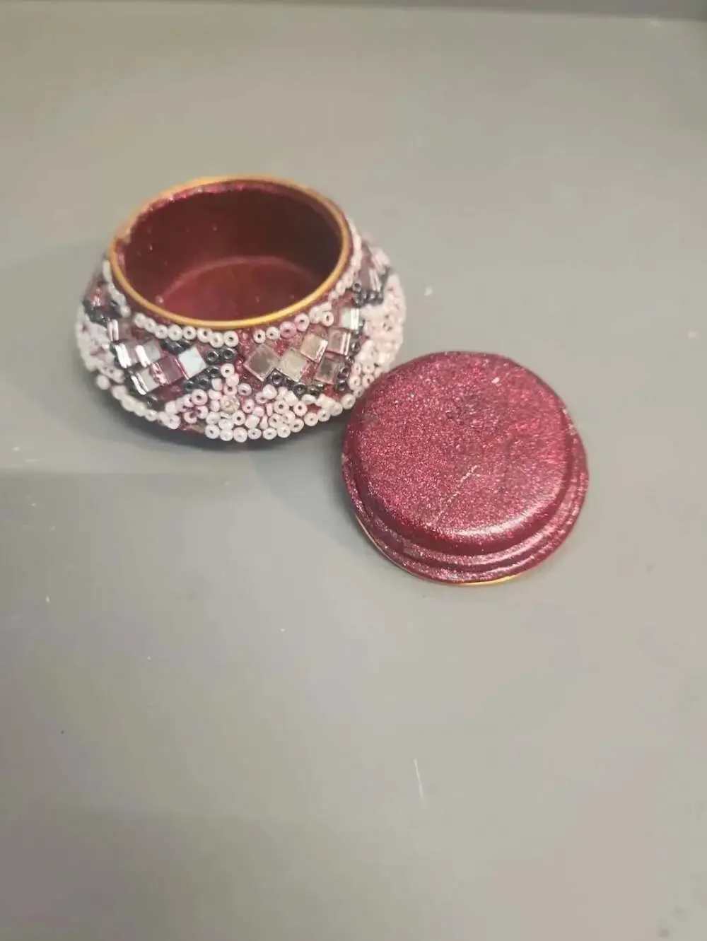Vintage Beaded and Mirrored Red Trinket Box with Lid Made in India